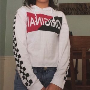 white checkered sleeve cropped hoodie